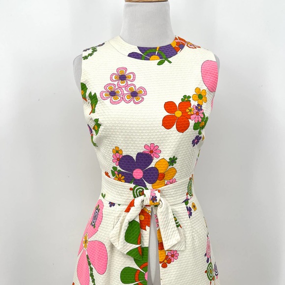 NEIMAN MARCUS Vintage 60s Dress Womens XS Small Off White Floral Print Mod Shift - Picture 4 of 16